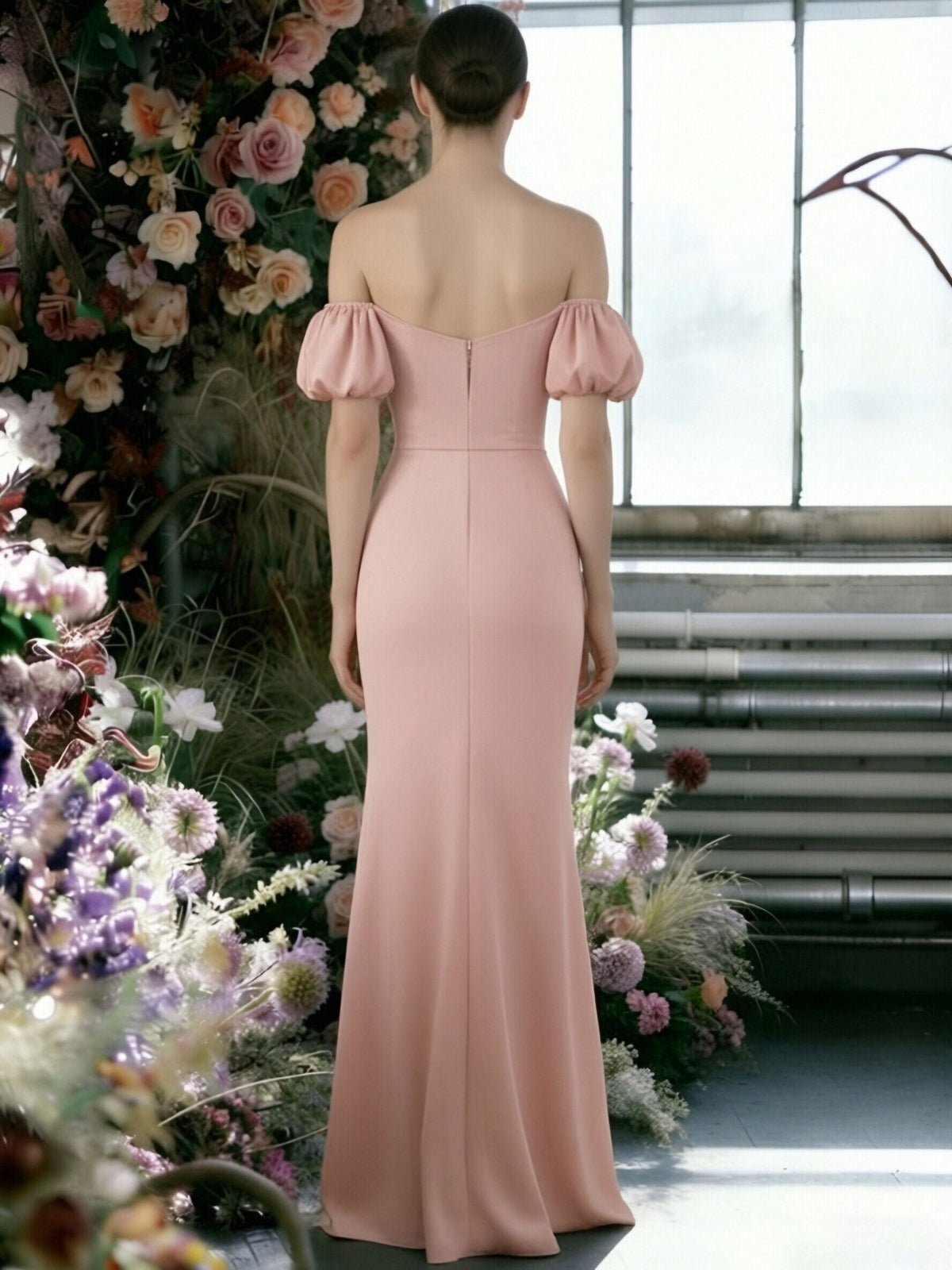 Satin Off the Shoulder Short Sleeves Sheath Bridesmaid Dresses