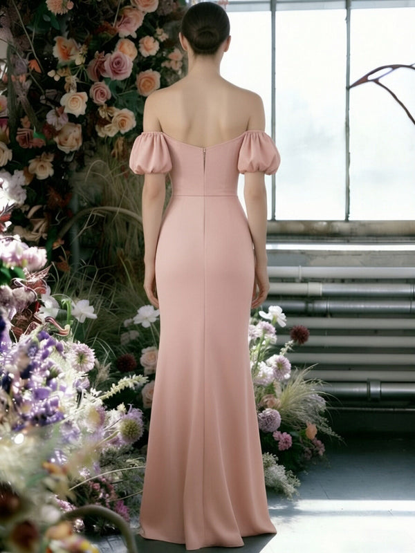 Satin Off the Shoulder Short Sleeves Sheath Bridesmaid Dresses