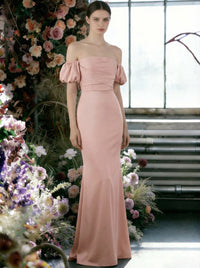 Satin Off the Shoulder Short Sleeves Sheath Bridesmaid Dresses