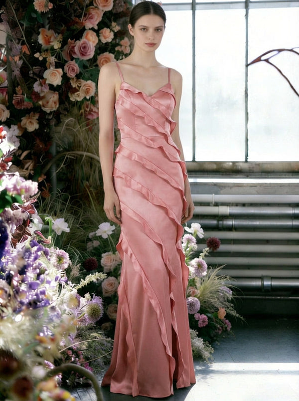 Satin Spaghetti Straps Ruffles Sheath Bridesmaid Dresses