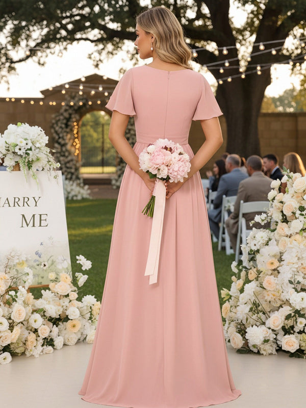 Short Sleeves Chiffon V Neck Bridesmaid Dresses with Slit