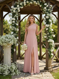 Chiffon Sleeveless A Line One Shoulder Bridesmaid Dresses with Slit