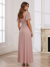 Chiffon V Neck A Line Short Sleeves Pleated Bridesmaid Dresses