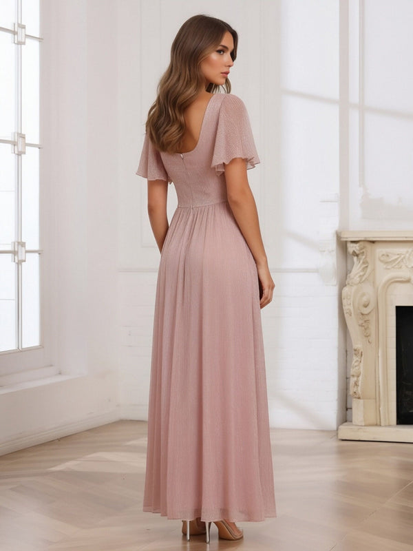 Chiffon V Neck A Line Short Sleeves Pleated Bridesmaid Dresses