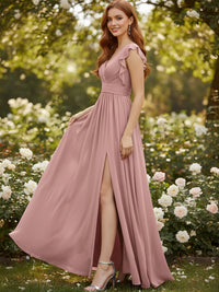Chiffon V Neck Corset Bridesmaid Dresses with Slit