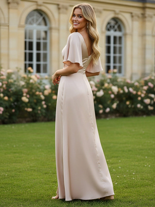 Satin V Neck Ruched Bridesmaid Dresses with Slit