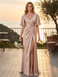 Satin V Neck Ruched Bridesmaid Dresses with Slit