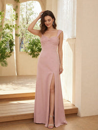 Satin Spaghetti Straps Sheath Bridesmaid Dresses with Slit