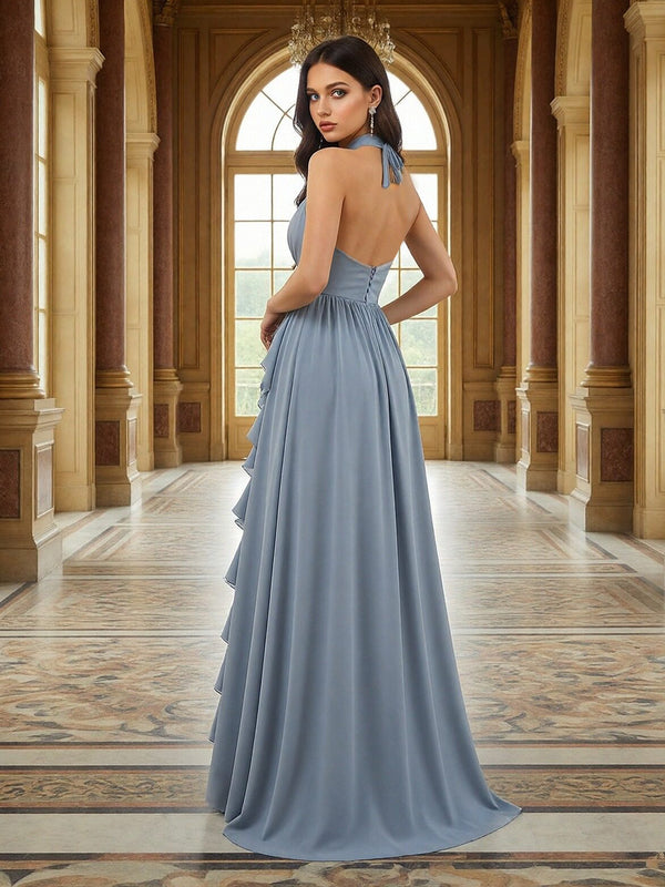 Chiffon Halter Ruffles A Line Bridesmaid Dresses with Slit