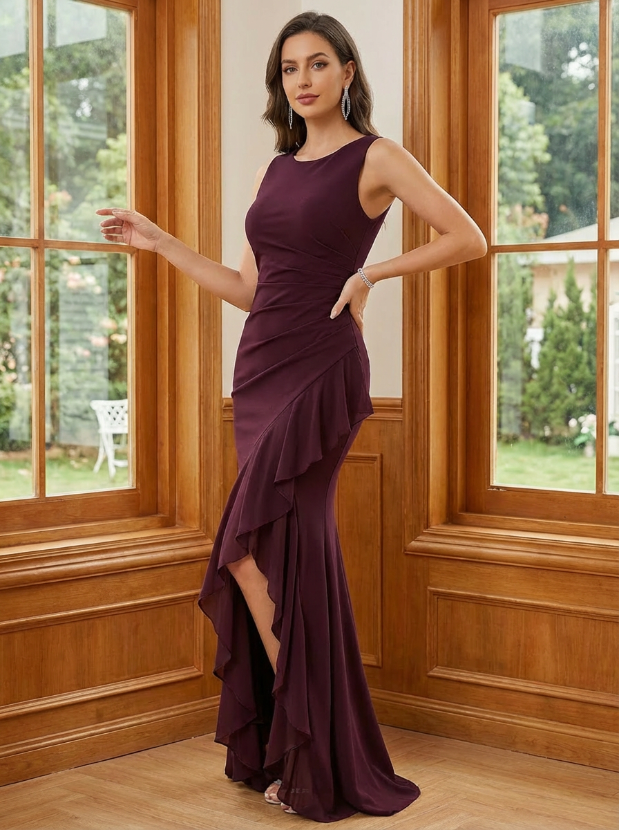 Chiffon Round Neck Mermaid Mother of the Bride Dresses with Slit