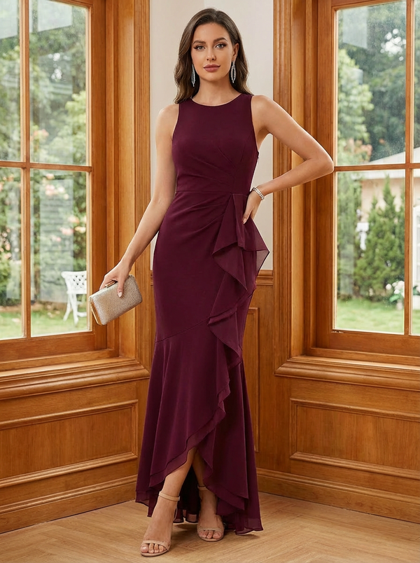 Chiffon Round Neck Mermaid Mother of the Bride Dresses with Slit