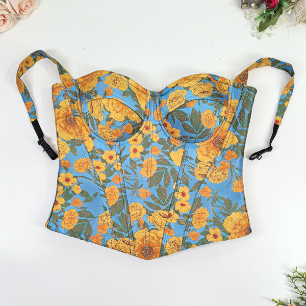 Cottagecore Off Shoulder Cami Top, Sunflower Ink Embroidery Fishbone Shaping Corset Bustier