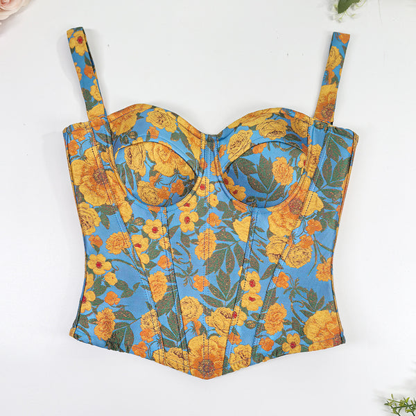 Cottagecore Off Shoulder Cami Top, Sunflower Ink Embroidery Fishbone Shaping Corset Bustier