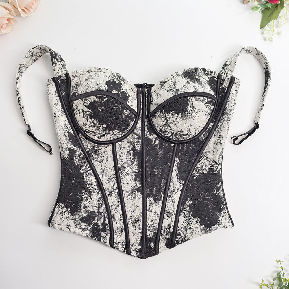 Vintage Ink Jacquard Structured Tummy Control Fishbone Bustier