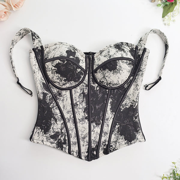 Vintage Ink Jacquard Structured Tummy Control Fishbone Bustier