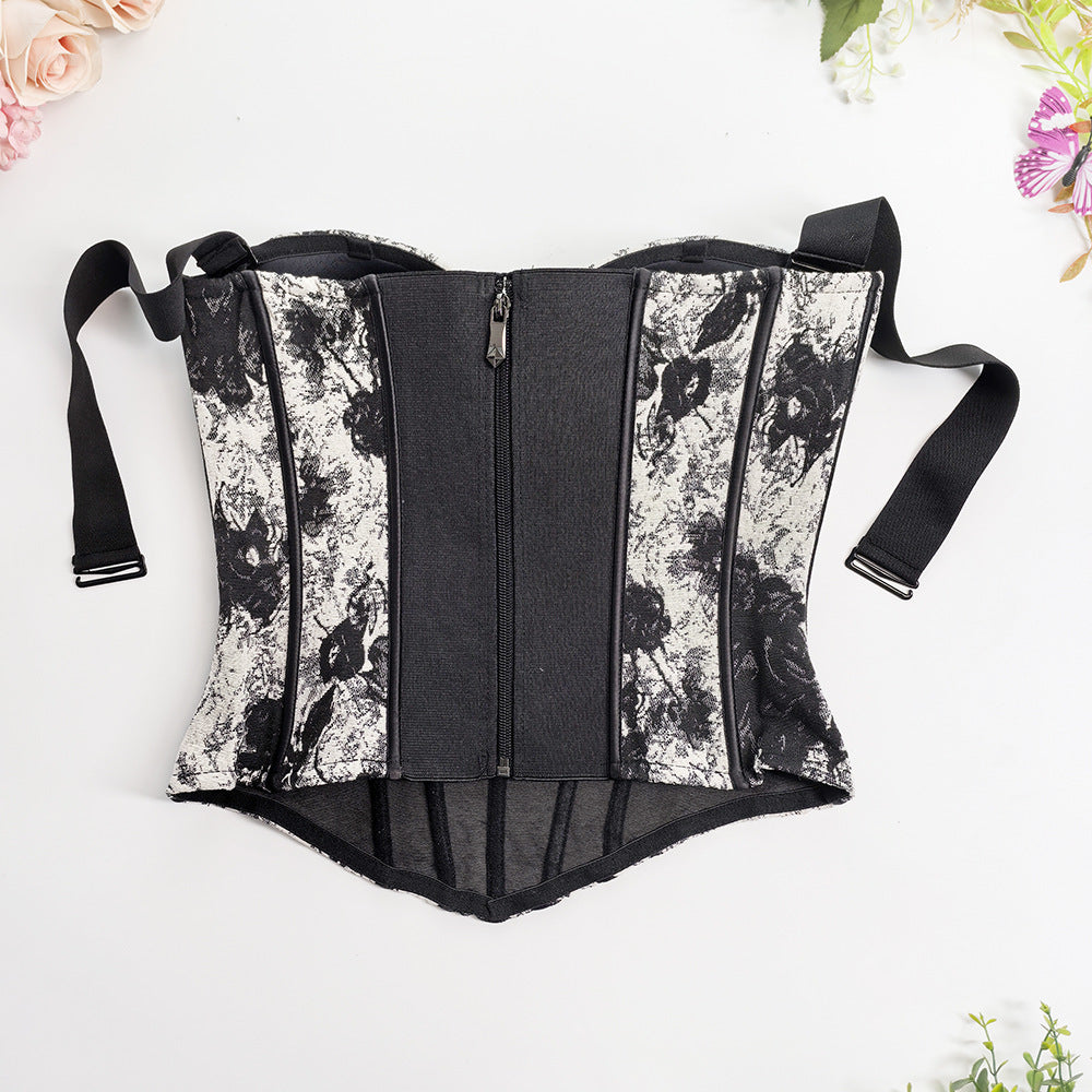 Vintage Ink Jacquard Structured Tummy Control Fishbone Bustier