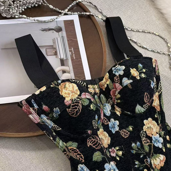 Vintage Printed Fishbone Structured Bustier Corset Top