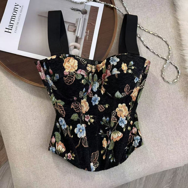 Vintage Printed Fishbone Structured Bustier Corset Top