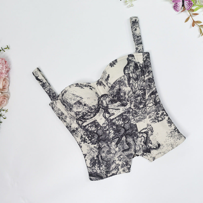 Slim Fit Vintage Printed Strappy Fishbone Shaping Bustier Top