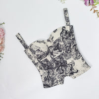 Slim Fit Vintage Printed Strappy Fishbone Shaping Bustier Top