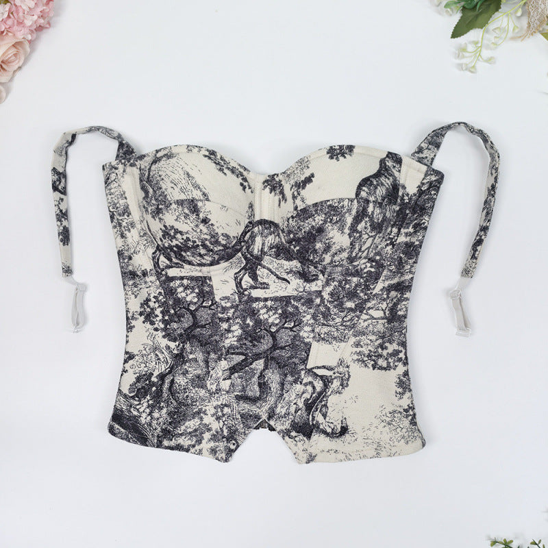 Slim Fit Vintage Printed Strappy Fishbone Shaping Bustier Top