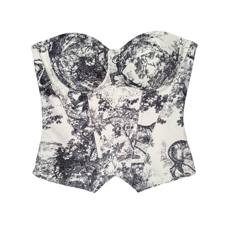 Slim Fit Vintage Printed Strappy Fishbone Shaping Bustier Top