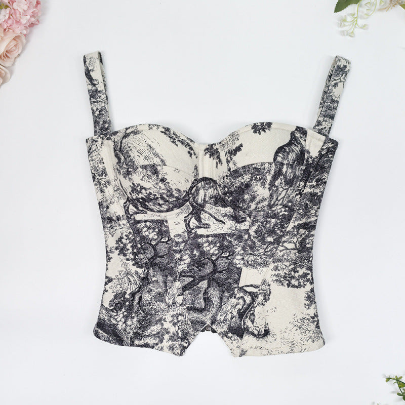 Slim Fit Vintage Printed Strappy Fishbone Shaping Bustier Top
