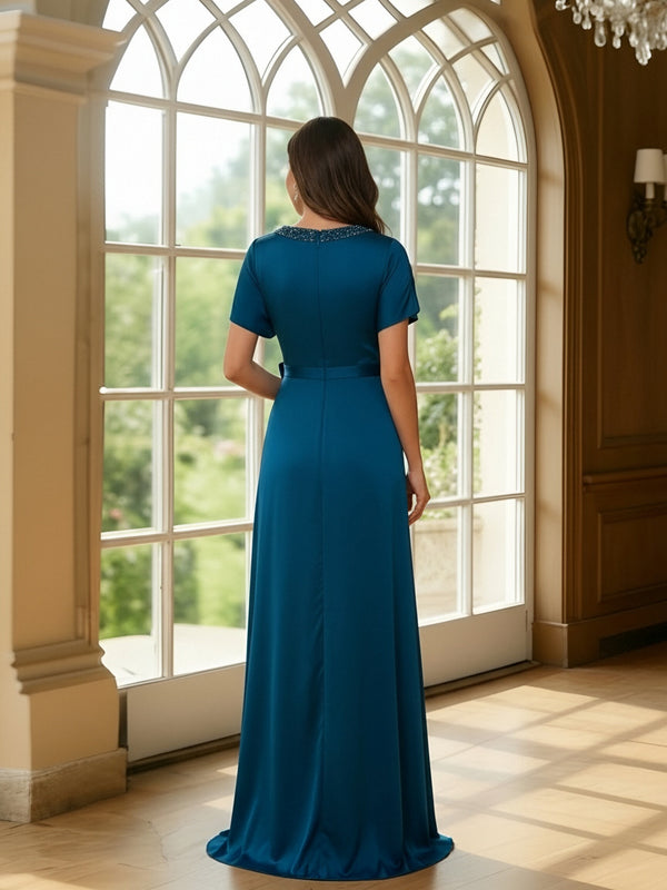 V Neck Satin Mermaid Pleated Mother of the Bride Dresses