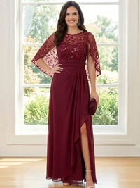 2 Picecs A Line Sequin Round Neck Mother of the Bride Dresses with Slit