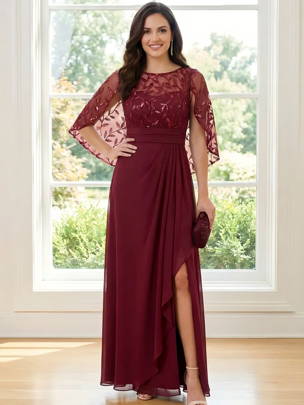 2 Picecs A Line Sequin Round Neck Mother of the Bride Dresses with Slit