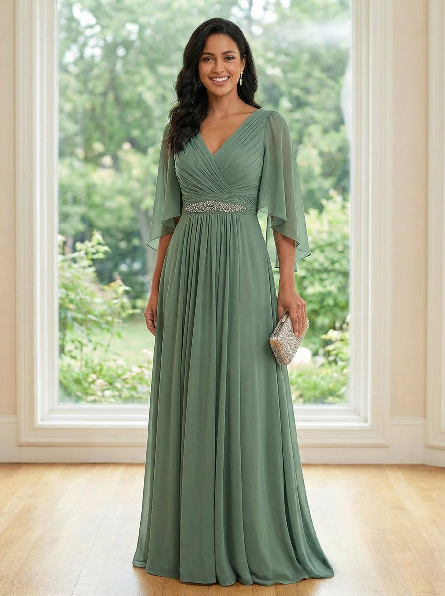Chiffon V Neck A Line Ruched Mother of the Bride Dresses with Long Sleeves