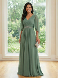 Chiffon V Neck A Line Ruched Mother of the Bride Dresses with Long Sleeves