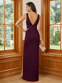 Satin V Neck Mermaid Ruched Mother of the Bride Dresses with Slit