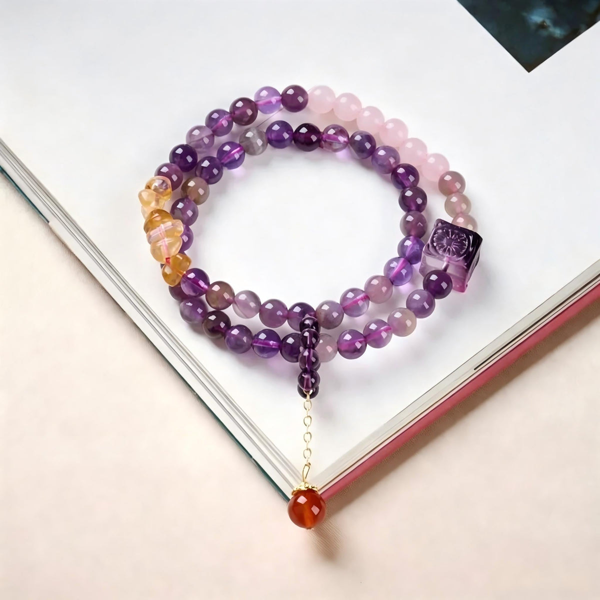 Purple Crystal Mala Beads Red Agate Charm