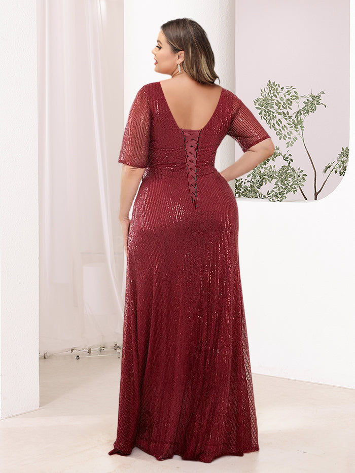 V Neck Pleated Short Sleeves Mother of the Bride Dresses