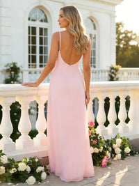 Chiffon Spaghetti Straps Sheath Bridesmaid Dresses with Backless