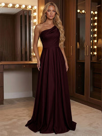 A Line One Shoulder Pleated Minimalist Bridesmaid Dresses with Pockets