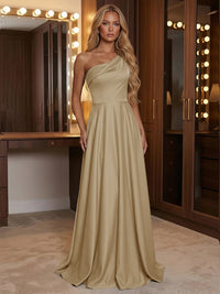 A Line One Shoulder Pleated Minimalist Bridesmaid Dresses with Pockets