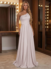 A Line One Shoulder Pleated Minimalist Bridesmaid Dresses with Pockets