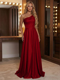A Line One Shoulder Pleated Minimalist Bridesmaid Dresses with Pockets