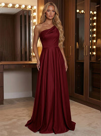 A Line One Shoulder Pleated Minimalist Bridesmaid Dresses with Pockets