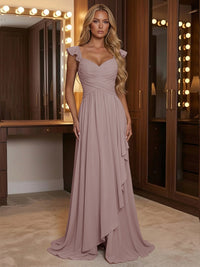 A Line Sweetheart Ruched Floor Length Bridesmaid Dresses with Ruffles