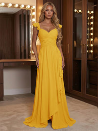 A Line Sweetheart Ruched Floor Length Bridesmaid Dresses with Ruffles