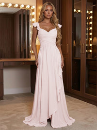 A Line Sweetheart Ruched Floor Length Bridesmaid Dresses with Ruffles