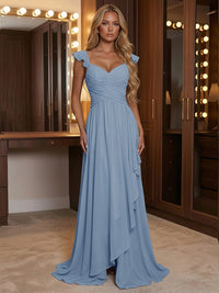 A Line Sweetheart Ruched Floor Length Bridesmaid Dresses with Ruffles