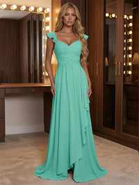 A Line Sweetheart Ruched Floor Length Bridesmaid Dresses with Ruffles