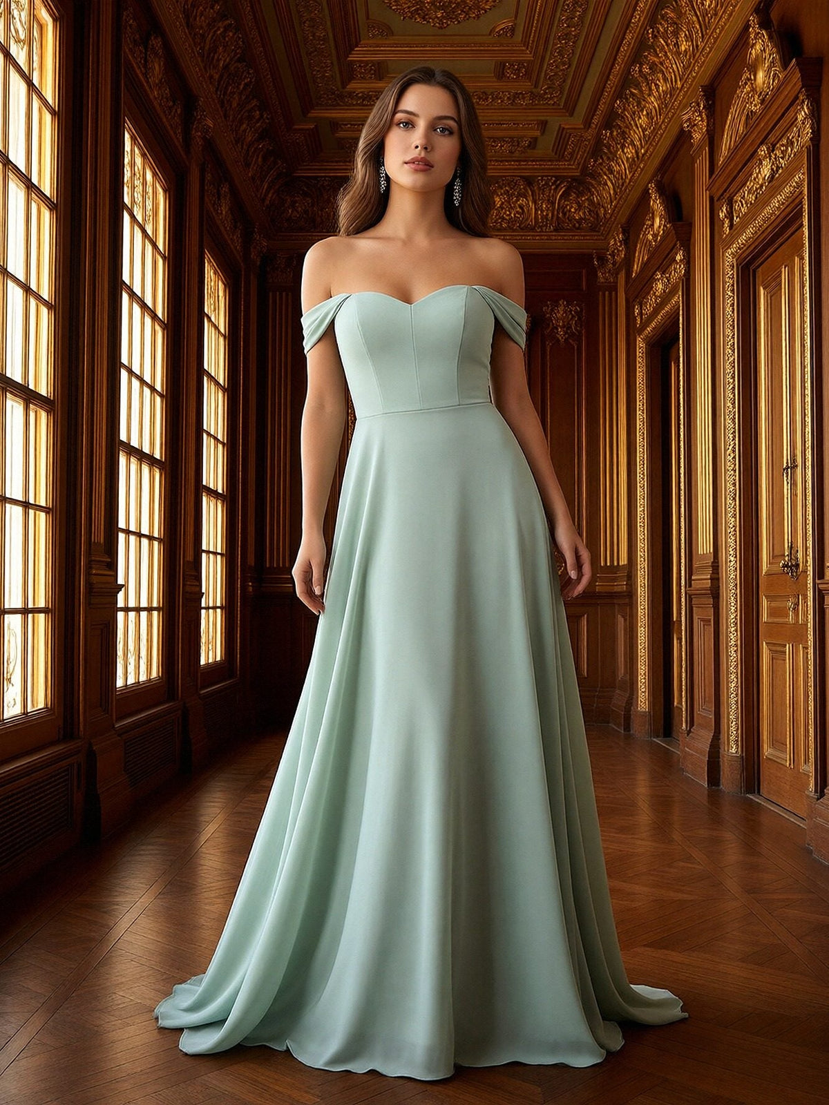 Shirees Sage Off the Shoulder Sweetheart A Line Chiffon Bridesmaid Dresses 2026