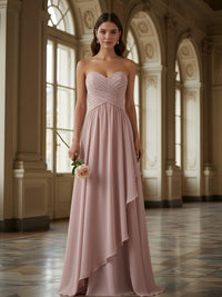 A Line Strapless Ruched Floor Length Chiffon Bridesmaid Dresses with Ruffles
