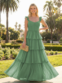 A Line Sleeveless Pleated Chiffon Spaghetti Straps Ruffles Bridesmaid Dresses