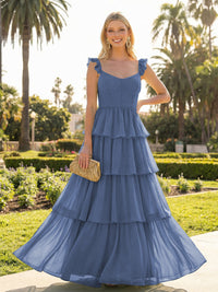A Line Sleeveless Pleated Chiffon Spaghetti Straps Ruffles Bridesmaid Dresses